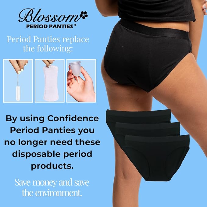 BLOSSOM PERIOD PANTIES Bikini Style 3 Pack| Ultra-Soft, Comfortable, Breathable Spandex 4 Layer Leak Proof Menstrual Underwear| Period Underwear for Teens and Women| Waterproof Layer 2XL Black