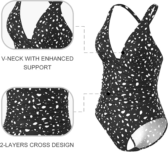 Veranobreeze Women's One Piece Swimsuit, V Neck Tummy Control Women Swimwear, Ruched Front Crisscross Back Push Up Swimming Costume(Black-Petals UK12)