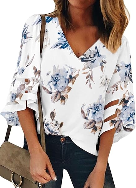 GOSOPIN Womens Floral Printed Blouses V-Neck Summer Casual 3/4 Sleeves Shirt Tops White UK 10