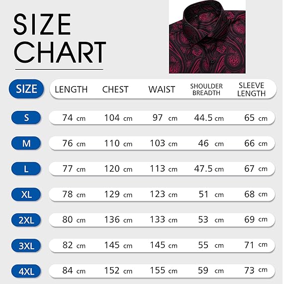 Barry.Wang Men Dress Shirt Silk Luxury Paisley Floral Long Sleeve Big and Tall Wedding Party Casual Business Formal Shirts Red, 2XL