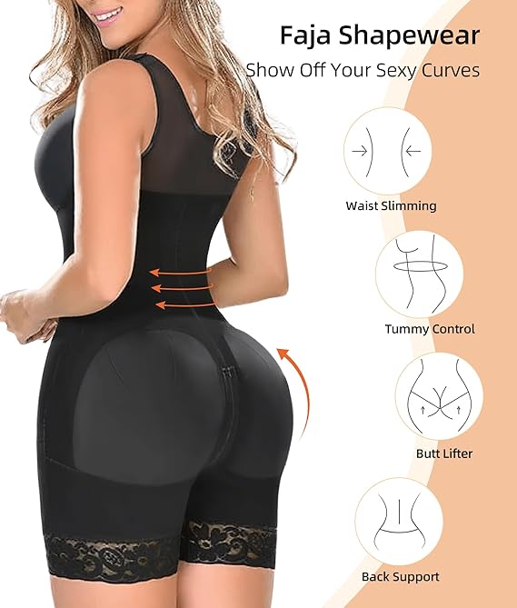 YIANNA Shapewear for Women Tummy Control Full Body Shaper Fajas Colombianas Bodysuit Butt Lifter Post Surgery Zipper Crotch Black 7275 L