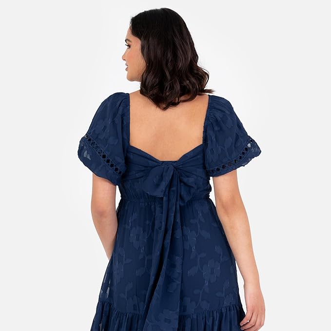 Lovedrobe Women's Maxi Dress Ladies Square Neckline Puff Sleeve Tiered Hem Floral Chiffon Shirred A-line Tie Back Milkmaid, Navy Blue 10