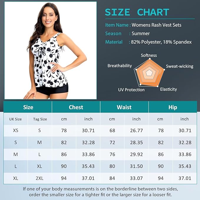 Sillictor Tankini for Women with Shorts Womens Swim Shorts and Top 2 Piece Ladies Swimsuits Boyleg Bikini Swimwear Swimming Costume Set for Bathing,Surfing,Breathable Quick Dry 2210, White Black Rose, L