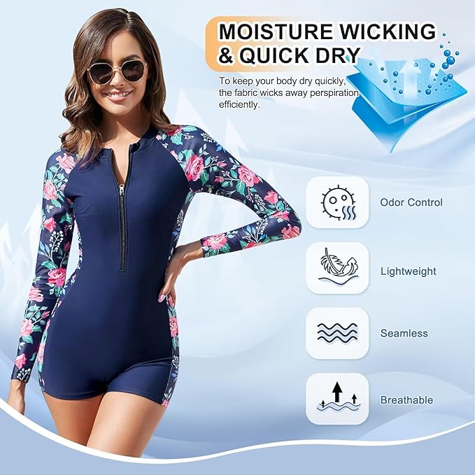 TERODACO One Piece Swimming Costume Women Removable Padded Half Zip Rash Vest Women Long Sleeve UPF50+ Ladies Swimsuits Wetsuit Rash Guard,Soft Stretchy Quick Dry 2401 Navy M