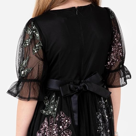 Maya Deluxe Girl's Midi Dress Floral Sequins Embellished Short Sleeve Puff Tulle Tutu Party Bridesmaids Wedding with Belt Bow, Black, 9-10 Years