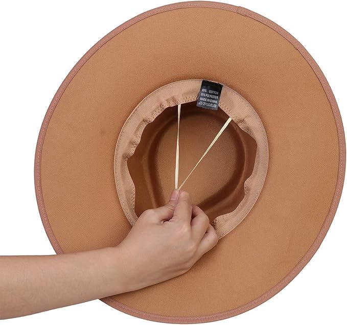 JK Home Wide Brim Fedora Hat - Wool Felt Panama Cap - One Size Unisex Women Men - Brown Leather Buckle Band