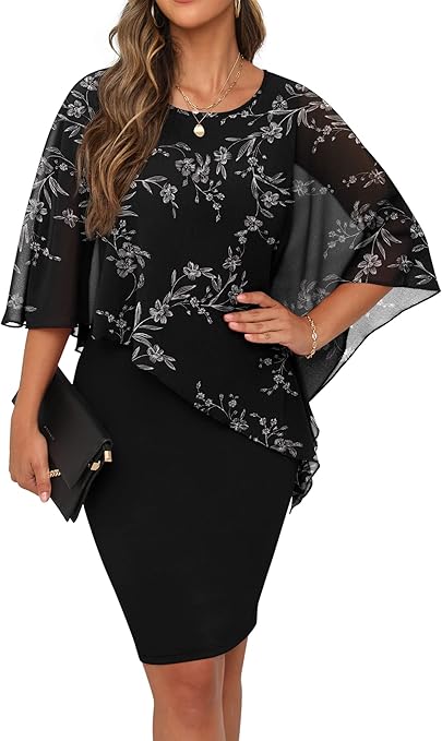QIXING Womens Summer Casual Dress Loose Batwing Sleeve Crew Neck Chiffon Cape Elegant Midi Cocktail Pencil Dresses for Women UK for Funeral Party Wedding (FP White Leaf-Black, XL)