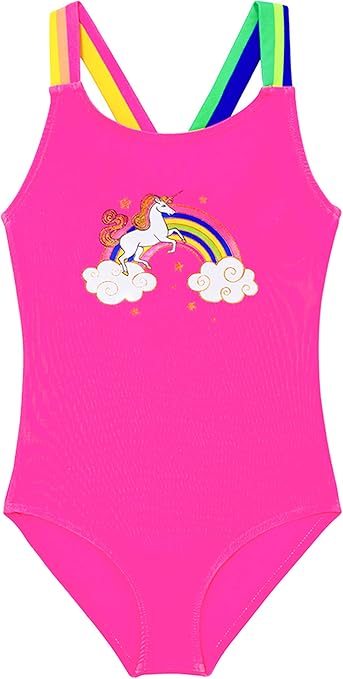 IKALI Girls Swimming Costume One Piece, Kids Unicorn Rainbow Swimsuits Gift, School Swimwear Bathing Suit Red 4T/104