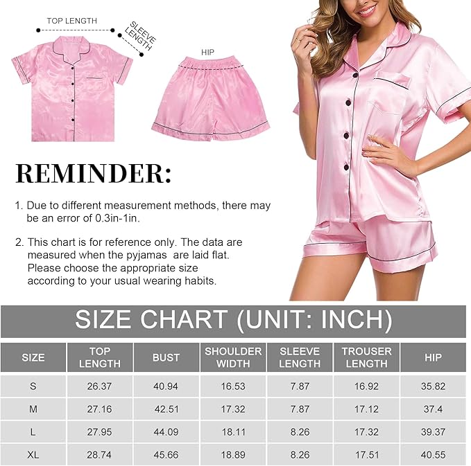BBXWANG Womens Silk Satin Pajamas, Button up Cardigan Loungewear Pjs Shorts Set, Bridesmaid Short Sleeves Pyjamas Sleepwear Pink XL