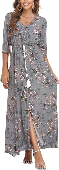VOGMATE Womens Summer Maxi Dress Floral Boho Short Sleeve Split V Neck High Waist Drawstring Button Decoration Casual Cocktail Beach, M