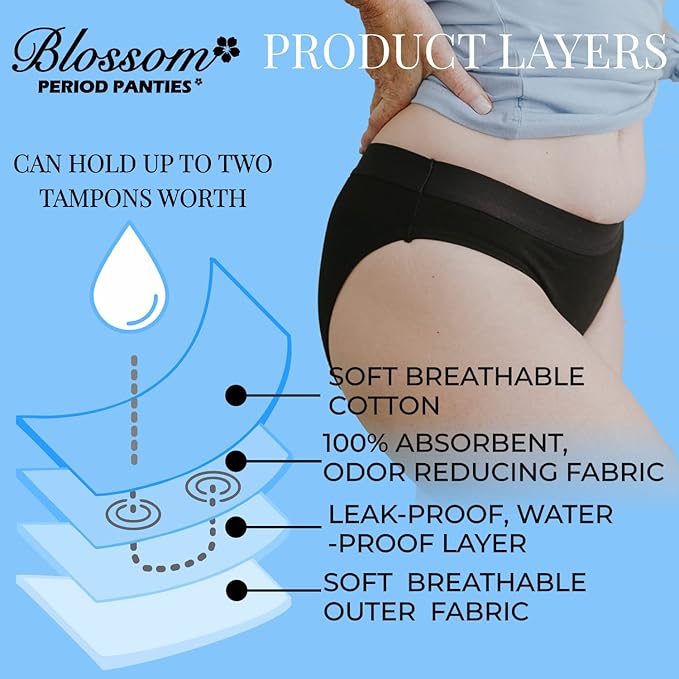 BLOSSOM PERIOD PANTIES Bikini Style 3 Pack| Ultra-Soft, Comfortable, Breathable Spandex 4 Layer Leak Proof Menstrual Underwear| Period Underwear for Teens and Women| Waterproof Layer 2XL Black