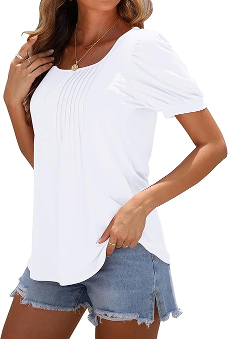 WNEEDU Ladies Tops Square Neck T Shirts for Women UK Summer Puff Short Sleeve Blouses Pleated Tunic Tshirts Flowy Elegant Casual Tee White S