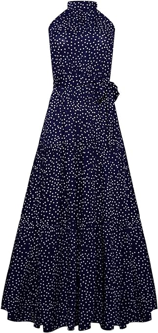 EFOFEI Women's Sleeveless Long Summer Dress Off Shoulder Elegant Dress Plain Swing Dress Halterneck Maxi Evening Dress, Royal Blue Polka Dot, L