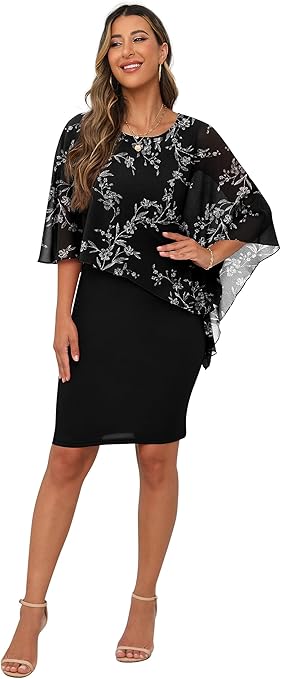 QIXING Womens Summer Casual Dress Loose Batwing Sleeve Crew Neck Chiffon Cape Elegant Midi Cocktail Pencil Dresses for Women UK for Funeral Party Wedding (FP White Leaf-Black, XL)