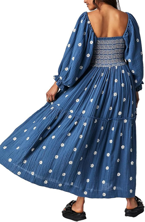 Yoisdtxc Women 's Smocked Square Neck A Line Flowy Maxi Long Dress Flower Print Half Sleeves Backless Embroidery Loose Swing Dress (Dark Blue, M)