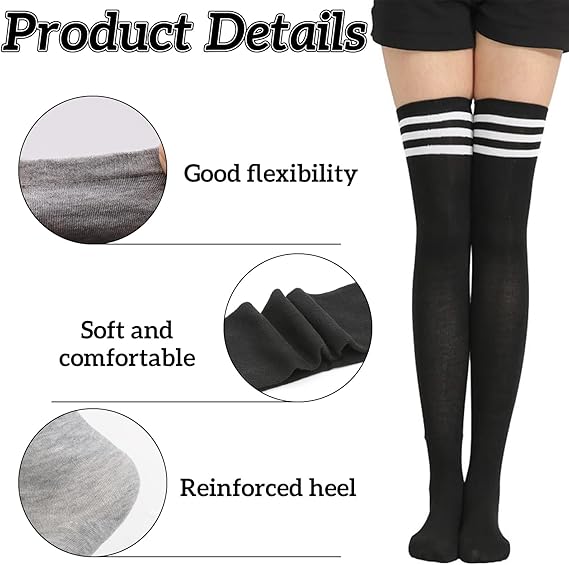 ZYNERY 4 Pairs Stripes Thigh High Socks, Black White Light Grey Dark Grey Knee High Socks, Stretchy Striped Long Socks for Women Girls (Modern, Polyester)