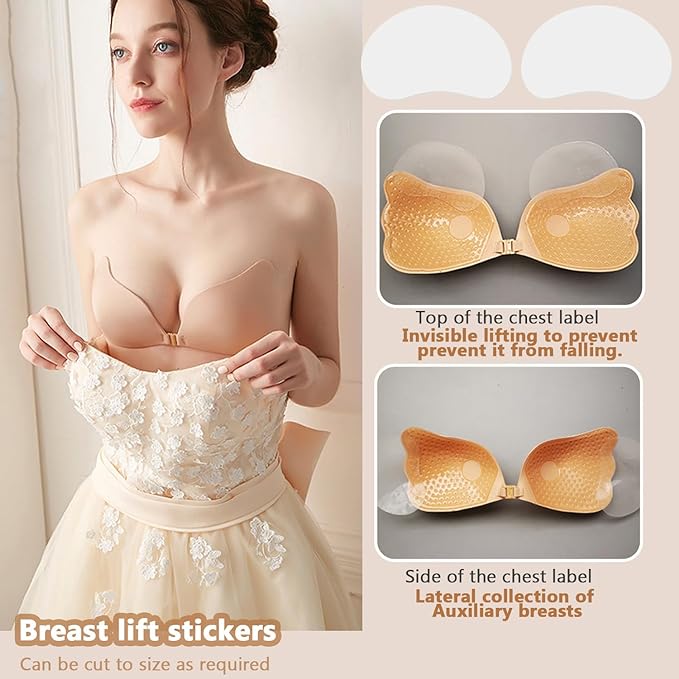Lnmyic Push up Bra Backless Bras for Women, Stick on Bra Reusable Strapless bra, Comfortable Invisible Sticky bra and Nipple Covers for All Backless Clothes, Beige, B
