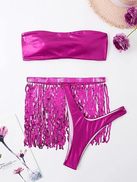 Rave Outfits for Women 3 Piece Bikini Set Tassels Skirt Metallic Swimsuit Holographic Bandeau Top Bathing Suits for Festival(Rose,XS,1005w)