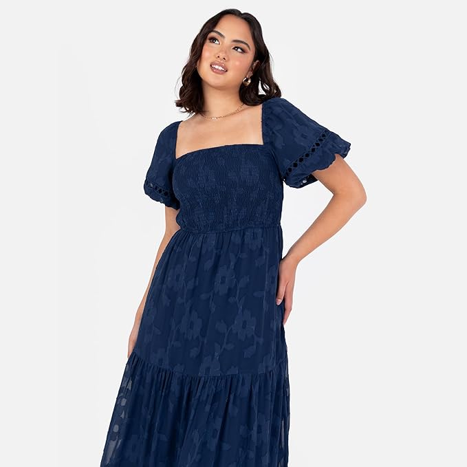 Lovedrobe Women's Maxi Dress Ladies Square Neckline Puff Sleeve Tiered Hem Floral Chiffon Shirred A-line Tie Back Milkmaid, Navy Blue 10