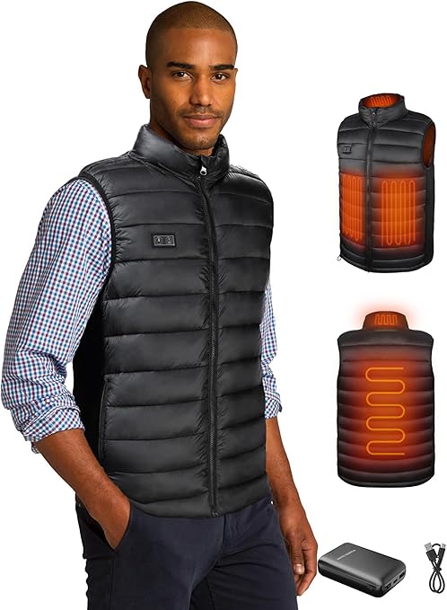 Loowoko Heated Gilet for Men,Heated Vest with 10000mAh Battery Pack,Lightweight Thermal Body Warmer, Slim Fit Electric Rechargeable Heated Jacket for Camping, Motorcycle, Skiing, Hunting L Black