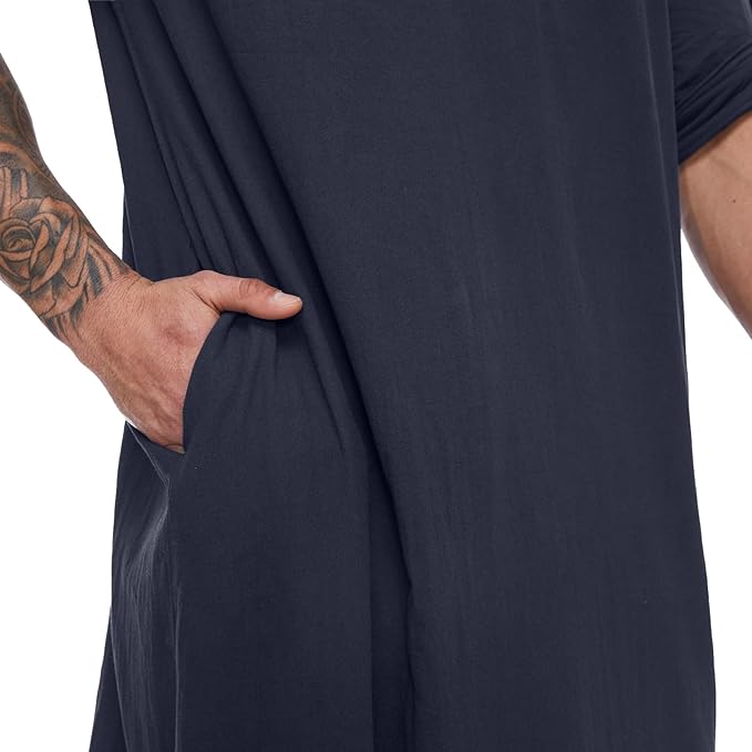 YAOHUOLE Mens Kaftan Robe Abaya Caftan Long Sleeve Moroccan Thobe Causal Butto Down Long Gown Henly Neck Dark Blue L