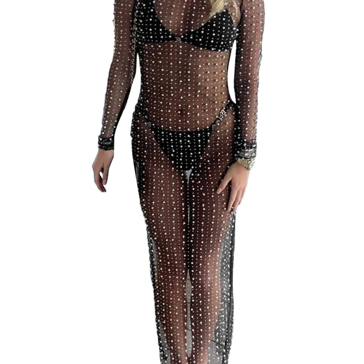 Women's Shimmer Sheer Mesh Cover Up Skirt Sleeveless Square Neck Beach Beach Bikini Slit Mid Length Cover Up (B-Black, M)