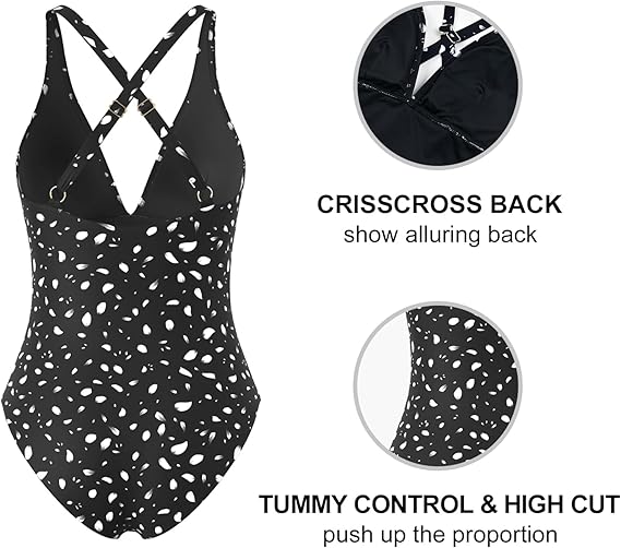 Veranobreeze Women's One Piece Swimsuit, V Neck Tummy Control Women Swimwear, Ruched Front Crisscross Back Push Up Swimming Costume(Black-Petals UK12)