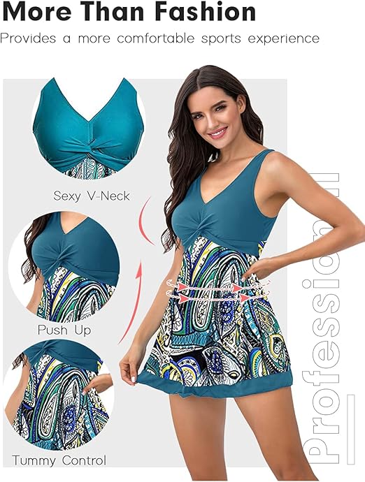 ECUPPER Womens One Piece Swimsuit Plus Size Swimwear Floral Printed Swimming Costume with Skirt Green 3XL