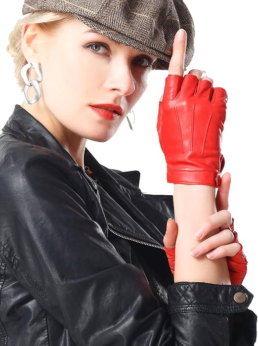 NappaNovum Women's Half Finger Leather With Silk Lining Performance Cycling Driving Gloves (S, Bright Red)