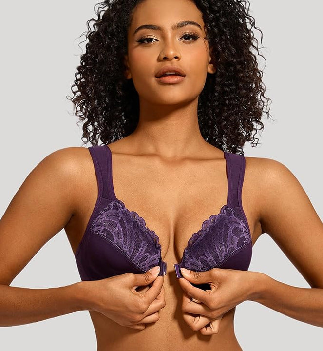 MELENECA Front Fastening Bras for Women Plus Size Underwire Unlined Lace Cup Cushion Strap Purple 38G