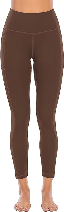 OVRUNS High Waist Gym Leggings for Women Yoga Pants with Pockets Workout Running Compression Leggings for Women - Brown - S
