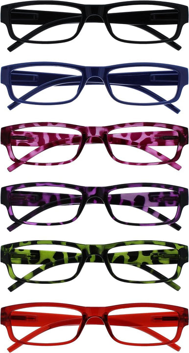 Opulize Ace Reading Glasses 6 Pack Classic Everyday Narrow Frame Scratch Resistant Spring Hinges Black Blue Pink Purple Green Red Mens Womens RRRRRRR32-13456Z +2.50