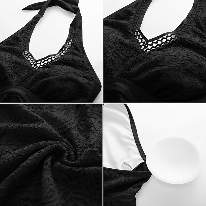 GRACE KARIN Womens Black V-Neck Swimwear Set Lace Swim Top  Tankini Swimsuits for Holiday Black XL