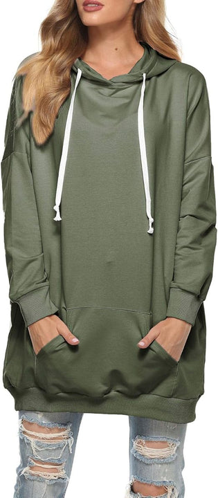 Famulily Womens Hoodies Casual Oversized Plain Long Hooded Sweatshirt Tunic Tops with Pockets Army Green M