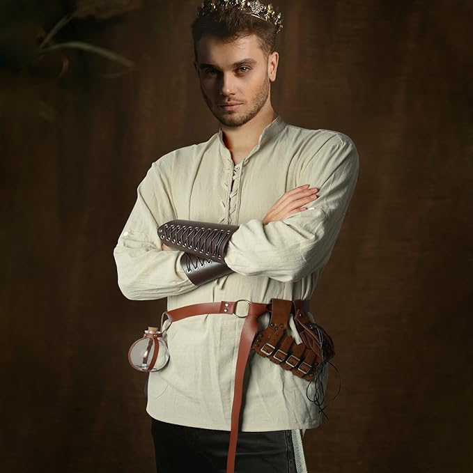 PLULON 9 Pcs Mens Renaissance Faire Costume V-neck Shirts Pants Medieval Knight Costume with Renaissance Accessories for Dress Up Halloween, XL, Beige