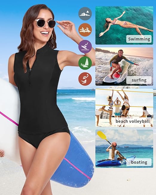 WOWENY Women's Sleeveless Rash Guard Tankini with 1/4 Zip, BL, L