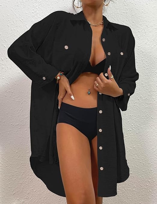 Bsubseach Swimsuit Coverups for Women Button Down Beach Shirt Dress Bathing Suit Cover Up Resort Wear Black L