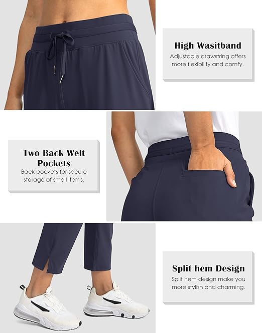 Soothfeel Women's Golf Pants with 4 Pockets 7/8 Stretch High Waisted Sweatpants Travel Athletic Work Pants for Women, Navy Blue, S