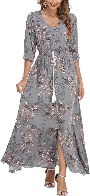 VOGMATE Womens Summer Maxi Dress Floral Boho Short Sleeve Split V Neck High Waist Drawstring Button Decoration Casual Cocktail Beach, M