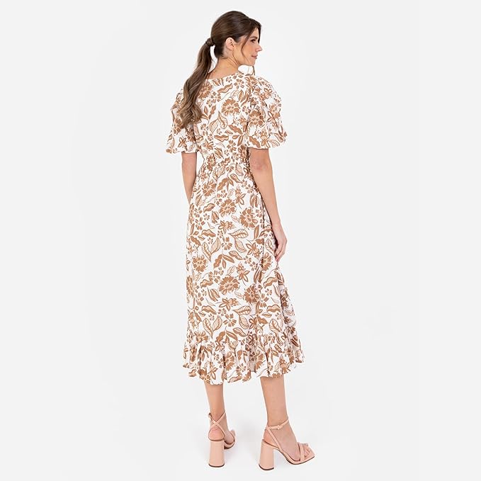 Lovedrobe Women's Ladies Midaxi Dress V-Neck Short Sleeve Faux-wrap Tiered Ruffle Floral Print Elasticated Waistband A-line Casual Brown 26