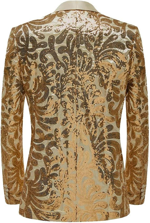 PYJTRL Men Stylish Satin Face Sequins Floral Pattern Suit Jacket Blazer (Gold, S)