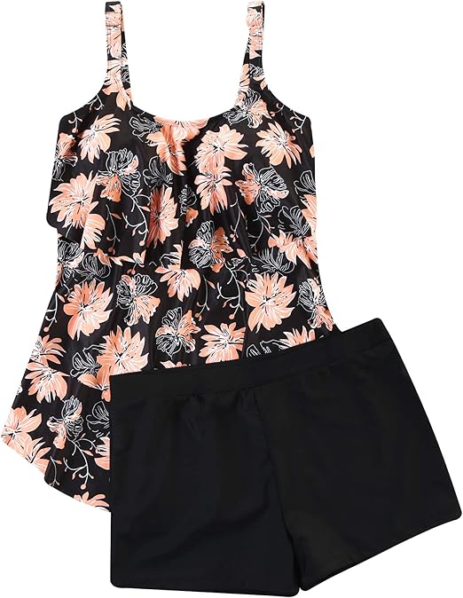 DOULAFASS Women Ruffle Tankini Set with Boyshort 2 Piece Plus Size Swimsuit Swimwear Pink/Black, L