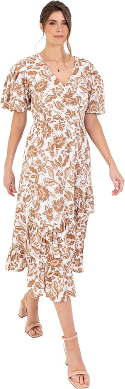 Lovedrobe Women's Ladies Midaxi Dress V-Neck Short Sleeve Faux-wrap Tiered Ruffle Floral Print Elasticated Waistband A-line Casual Brown 26