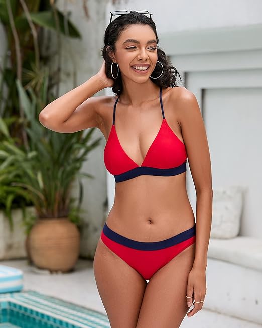 iSLASISIA Women’s Bikini Swimsuit Criss Cross Back Triangle Bikini Tie Back Bikini Set Two Piece Swimsuits (Red & Blue,UK8)