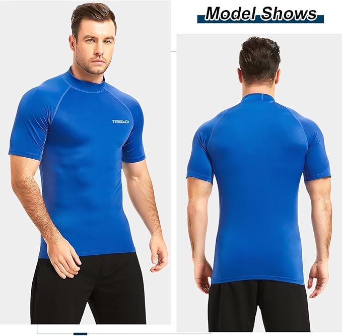 TERODACO Rash Vest Mens Short Sleeve UV 50+ Swimming Shirts for Men Compression Sweat Wicking Rash Guard Mens Base Layer for Wetsuit Diving Surfing,Quick Dry Lightweight Stretchy 222 Blue XL