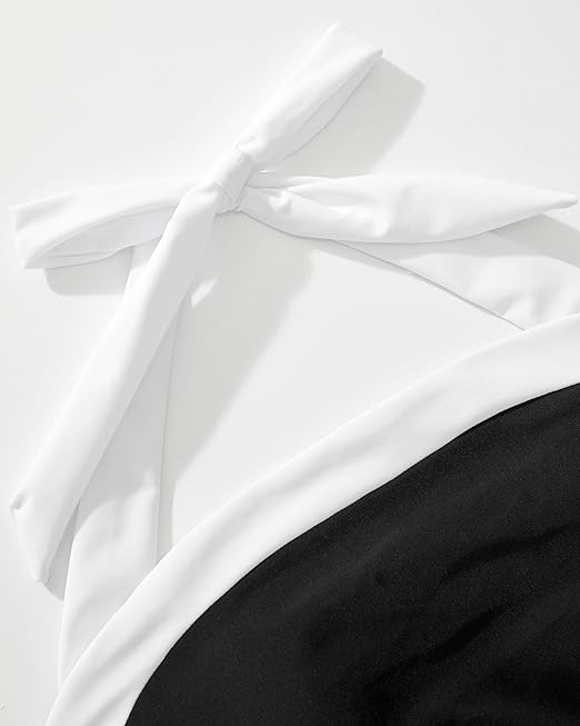 RXRXCOCO Womens Tummy Control Swimwear Halter Neck One-Piece Swimsuits Padded Swimming Costume Black-White, L