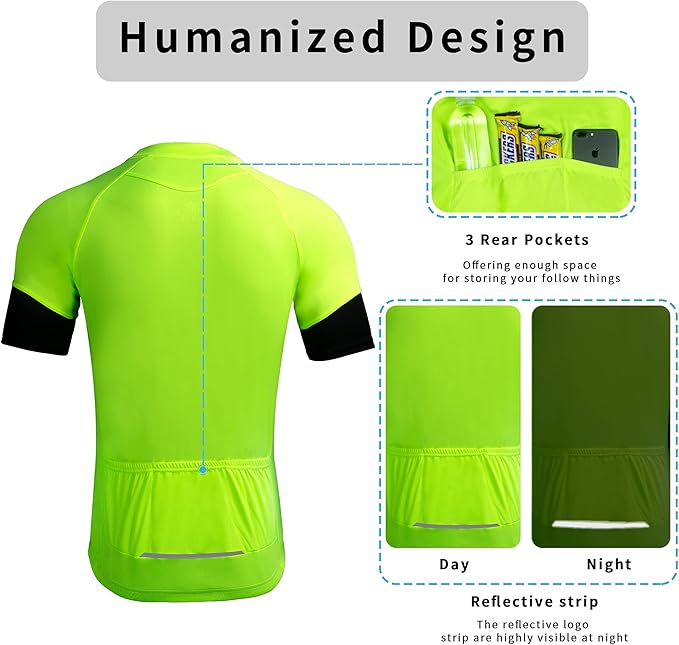 Dooy Men's Cycling Bike Jersey, Short Sleeve MTB Shirts with 3 Rear Pockets-Breathable,Smooth Zipper Biking Shirt, Yellow, XL