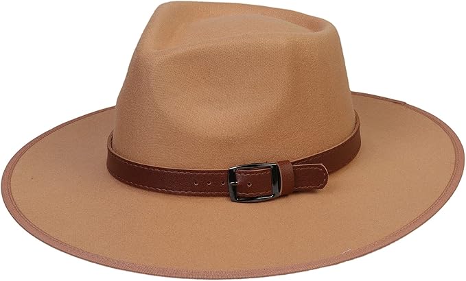 JK Home Wide Brim Fedora Hat - Wool Felt Panama Cap - One Size Unisex Women Men - Brown Leather Buckle Band