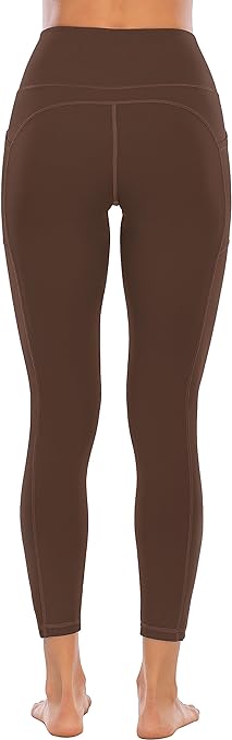 OVRUNS High Waist Gym Leggings for Women Yoga Pants with Pockets Workout Running Compression Leggings for Women - Brown - S