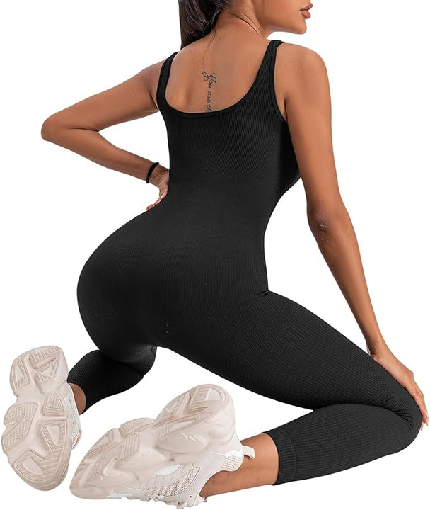 Jetjoy Women Ribbed Jumpsuit Yoga Bodycon Square Neck Sleeveless Sports Romper All In One Jumpsuit Stretchy Overall Workout Ladies Outfit Playsuit S